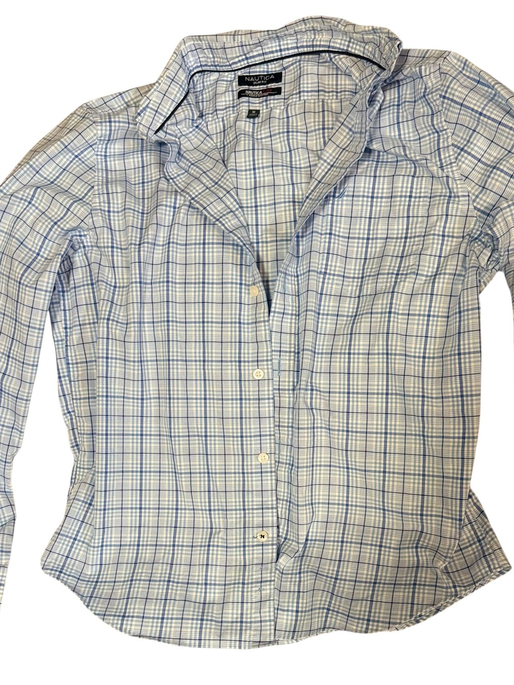 Nautica Size Medium Long Sleeve Blue & White Plaid Button-Up Shirt